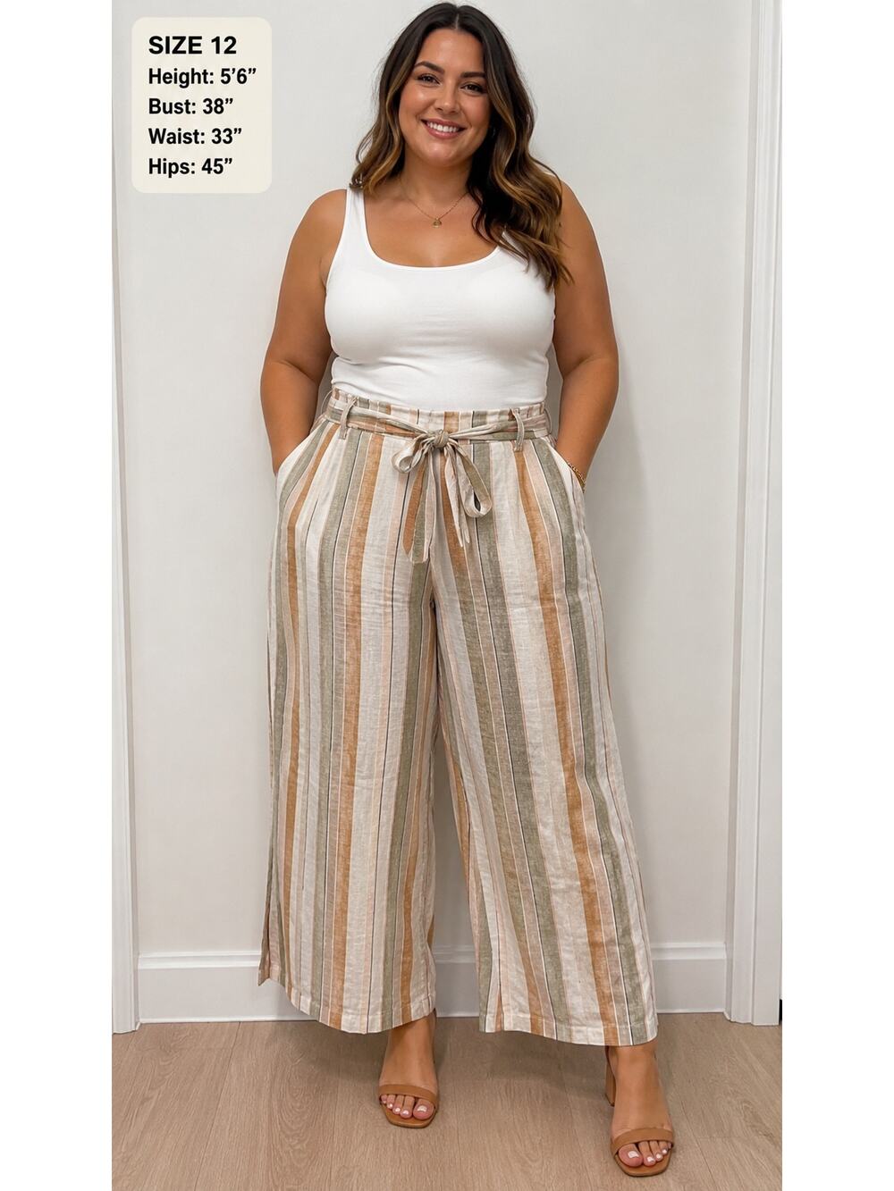 Rachel Zoe Size 12 Striped Linen Blend Wide Leg Cropped Pants Tie Waist